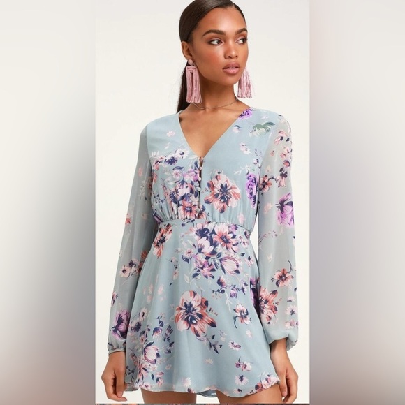 Lulu’s Always Yours Light Blue Floral Print Long Sleeve Skater Dress Size XL NWT - Picture 1 of 12
